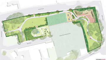 Drawing of green spaces and roads showing proposed design of Victory community park